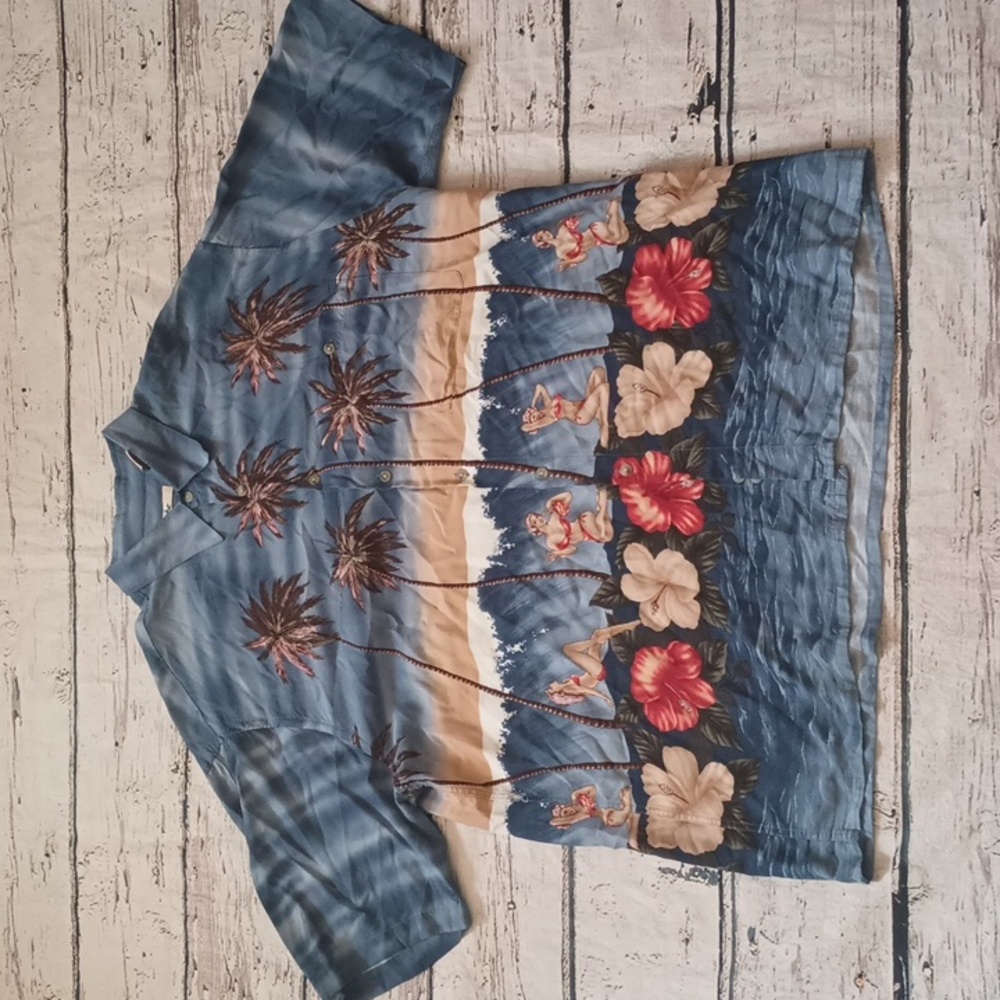 Ubc Men's Vintage Blue Red Pin up Girl Palm Print Hawaiian Button Up Shirt XL